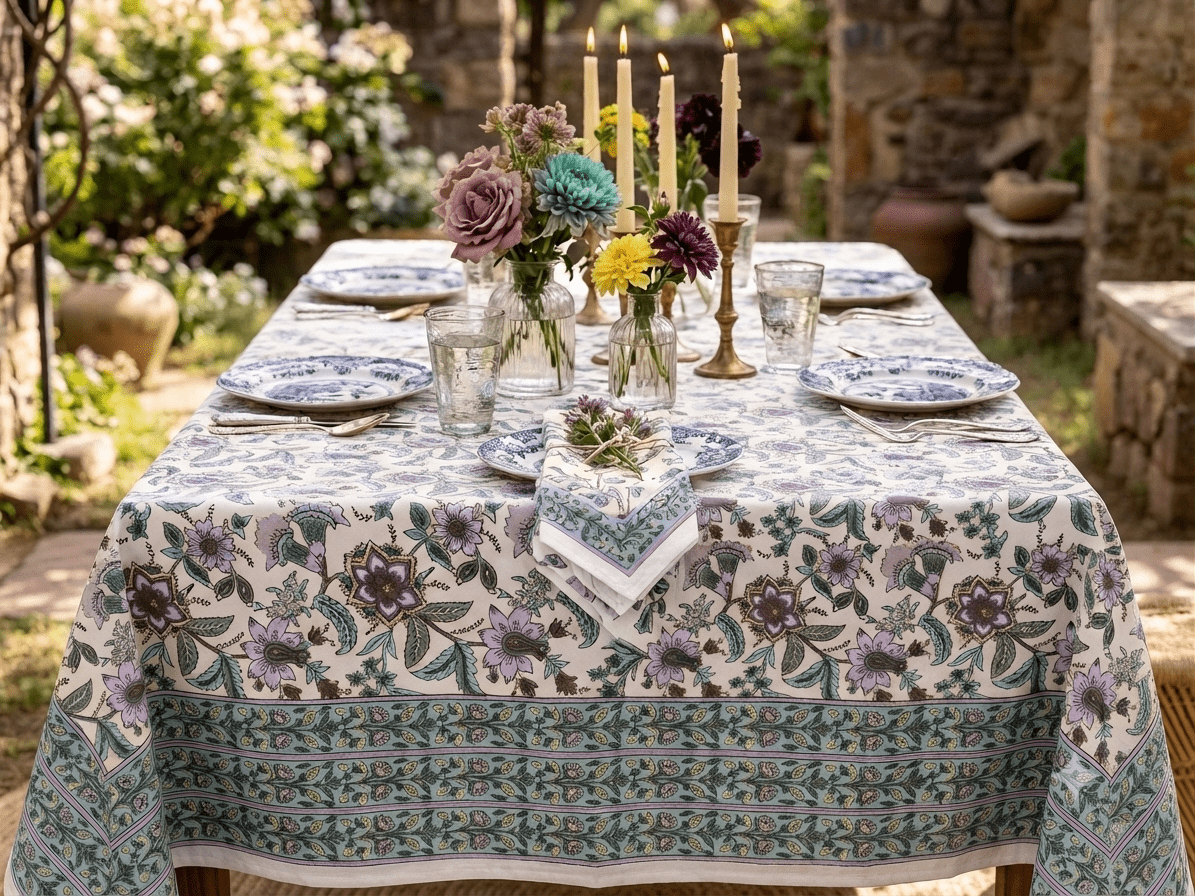 La nappe Hampi, une nappe colorée et flrale pour la saison. Une nappe blanche avec des imprimés de fleurs mauves et verts.