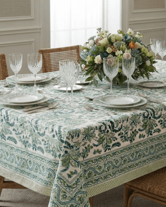 La nappe Pooja, une nappe aux nuances de verts et blancs. Une nappe douce et florale.