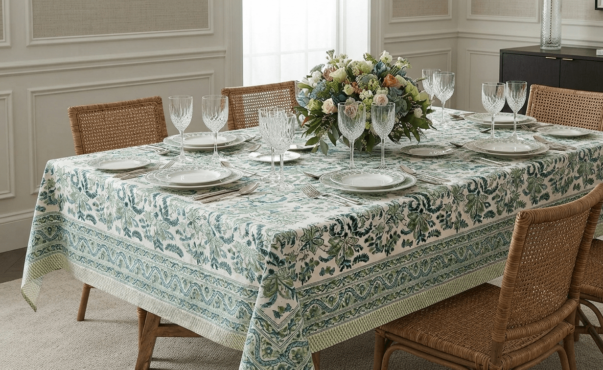 La nappe Pooja, une nappe aux nuances de verts et blancs. Une nappe douce et florale.