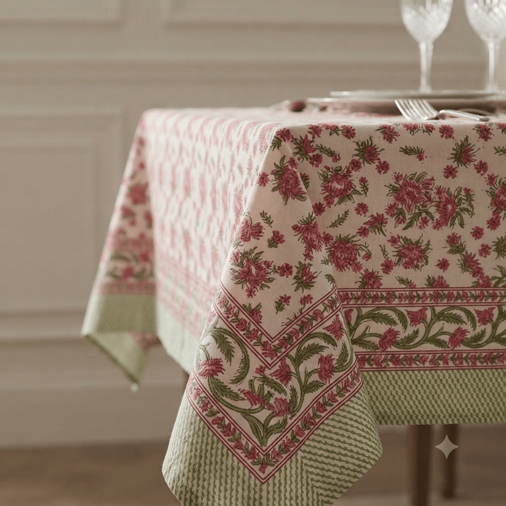 Nappe Naina à motif floral romantique rose et vert, avec une bordure en frise végétale. La table est élégamment dressée avec de la vaisselle blanche et des verres en cristal.