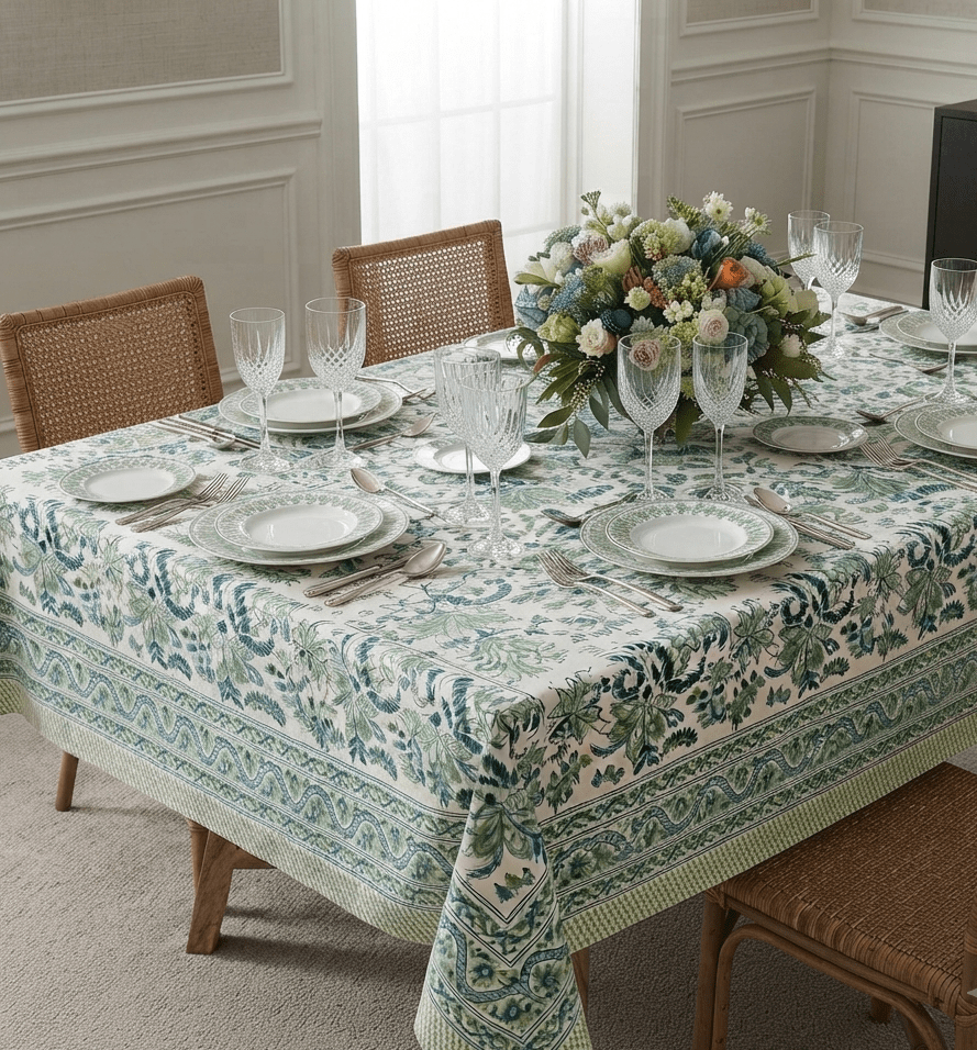 La nappe Pooja, une nappe aux nuances de verts et blancs. Une nappe douce et florale.
