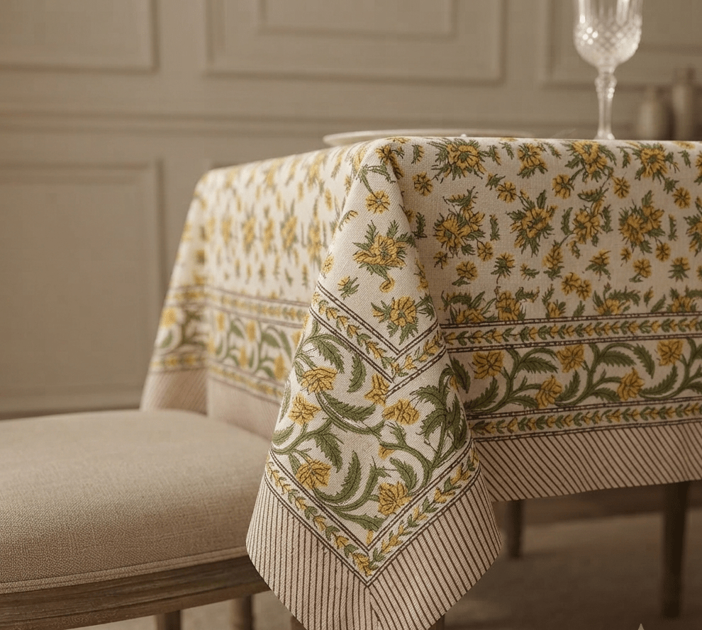 La nappe Vara, une nappe solaire. Une nappe blanche avec des imprimés de fleurs jaunes.