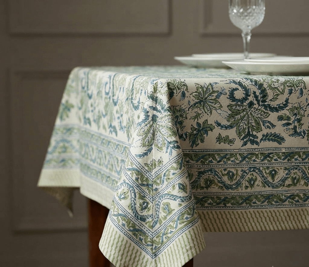 La nappe Pooja, une nappe aux nuances de verts et blancs. Une nappe douce et florale.