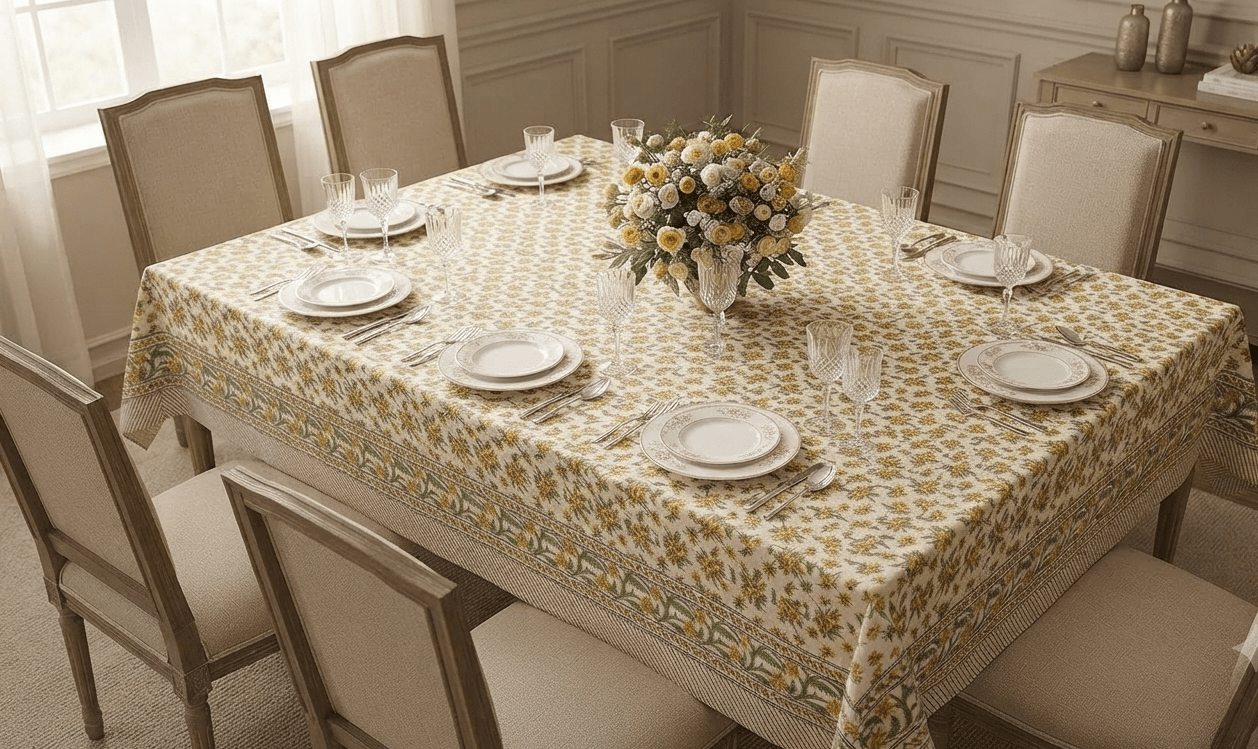 La nappe Vara, une nappe solaire. Une nappe blanche avec des imprimés de fleurs jaunes.