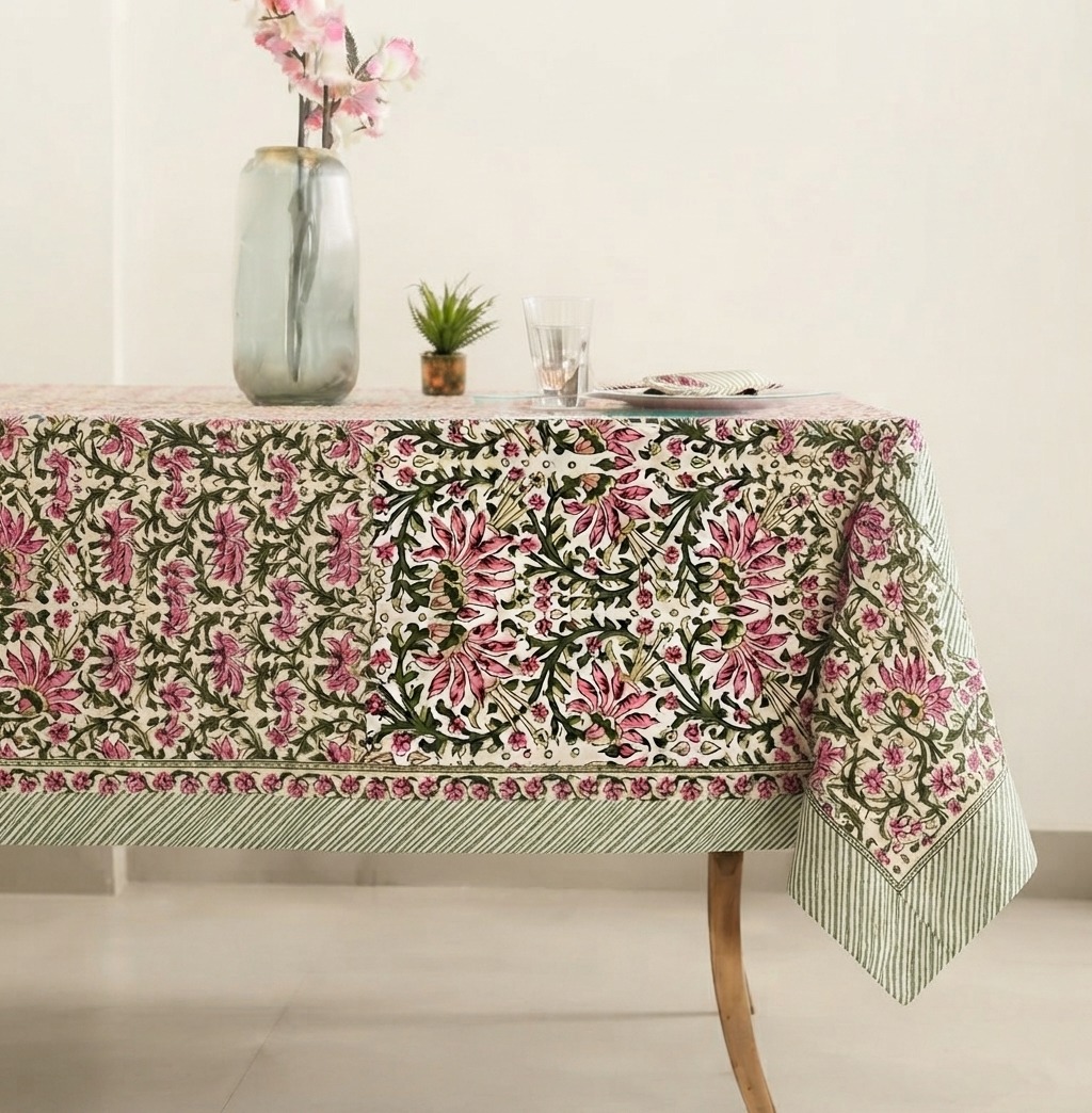 Nappe Aira, une nappe rectangle. Une nappe aux imprimés fleuris et aux couleurs roses et verts